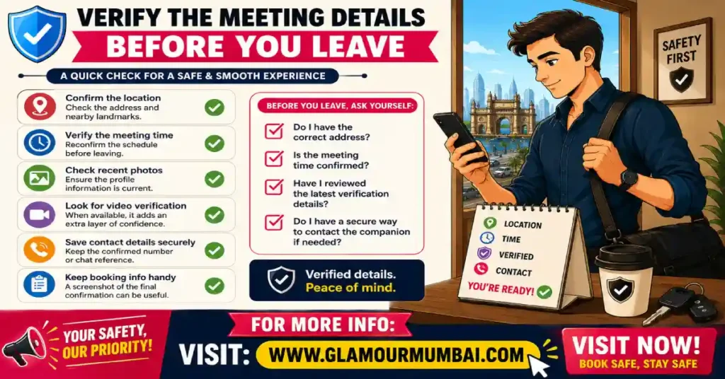 Verify meeting details before leaving for a first-time companion meeting in Mumbai