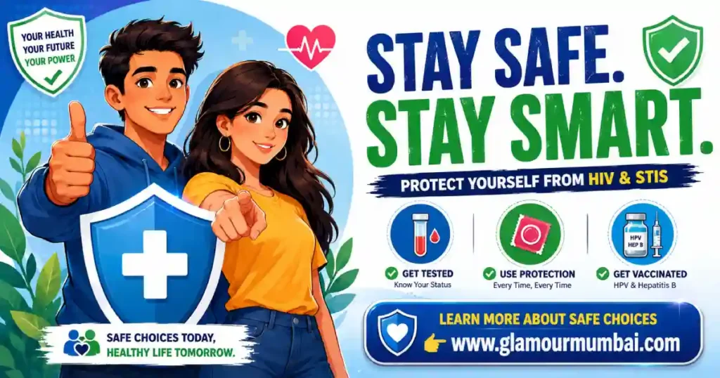 infographic showing an HIV and STI prevention checklist with regular testing, condom use, HPV and Hepatitis B vaccination, sexual health awareness, and safe choices for young men and women.