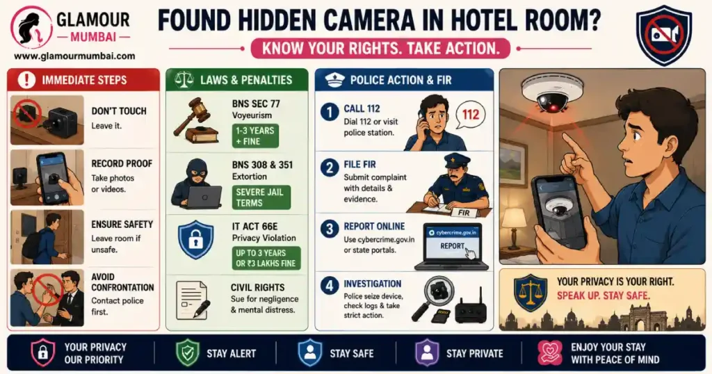 Guide explaining what to do after discovering a hidden camera in a hotel room, including evidence collection and reporting to police