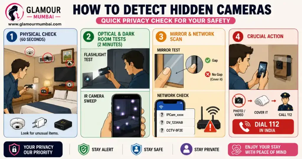 Step-by-step guide showing how to inspect a hotel room for hidden cameras using visual checks, flashlight tests, and mirror inspection.