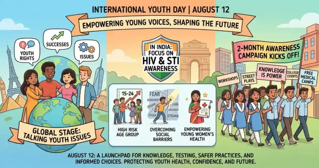 International Youth Day awareness campaign in India promoting HIV and STI education, youth health, regular testing, safer sex, and informed choices for a healthier future.