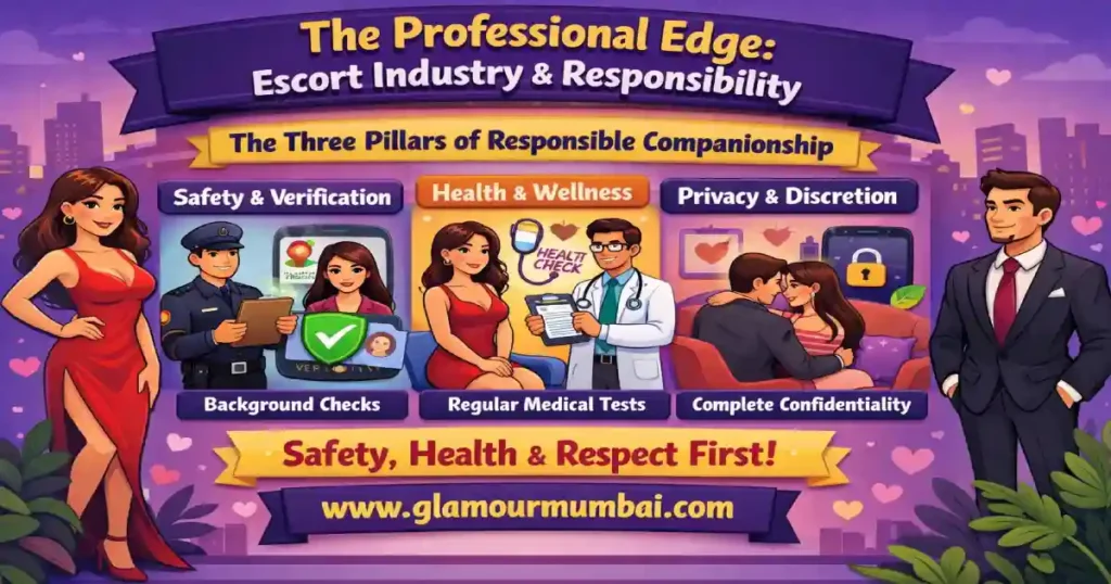 Escort service infographic explaining verified profiles, health and safety standards, STI screening, confidential bookings, and responsible professional companionship.