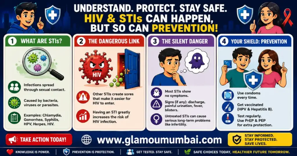 Hidden enemy understanding HIV and STIs with awareness about symptoms, prevention, condoms, vaccination, and regular testing.