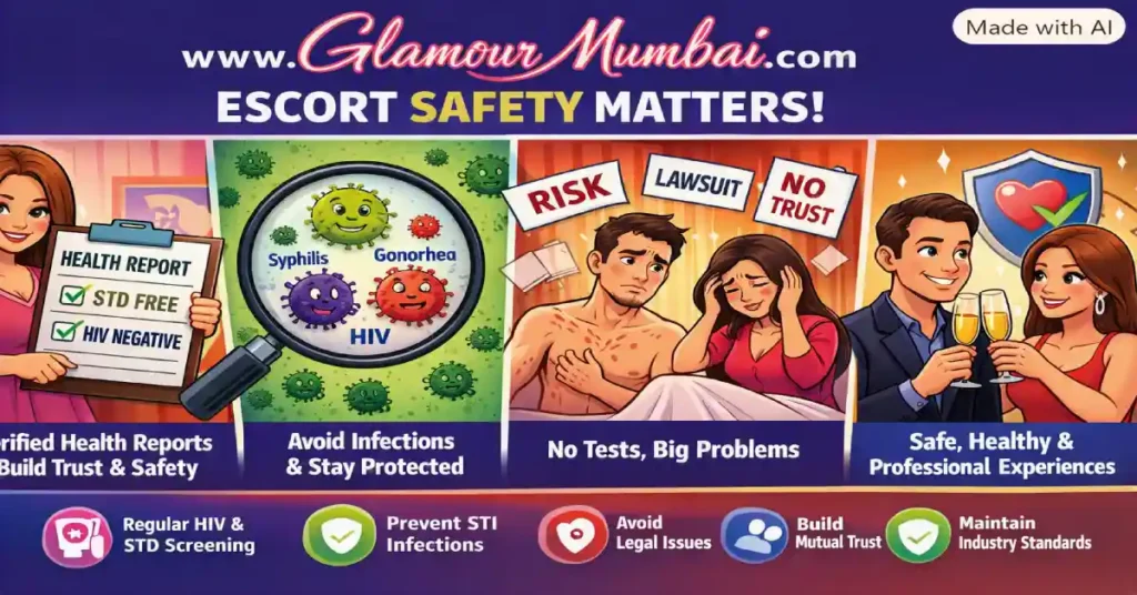 Promoting escort safety and verified health reports by GlamourMumbai, showing trust, medical check‑ups, and protection against STIs like HIV, Syphilis, and Gonorrhea.