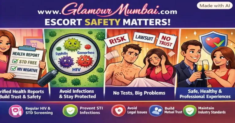 Promoting escort safety and verified health reports by GlamourMumbai, showing trust, medical check‑ups, and protection against STIs like HIV, Syphilis, and Gonorrhea.