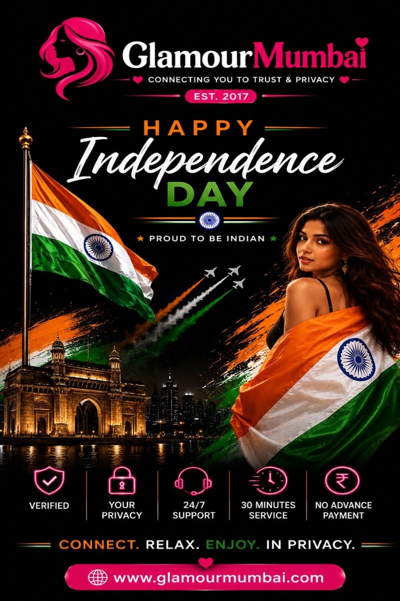 Mumbai Escort Service - Independence Day poster with Indian flag and Mumbai skyline